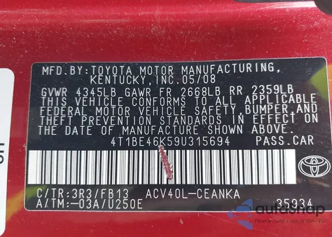 2009 Toyota Camry Le from USA, damaged, VIN 4T1BE46K59U315694